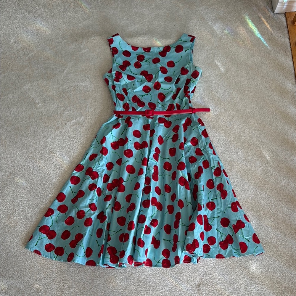 Baby blue Red Cherry 1950’s 1960’s style Pleated A-Line Midi Sundress